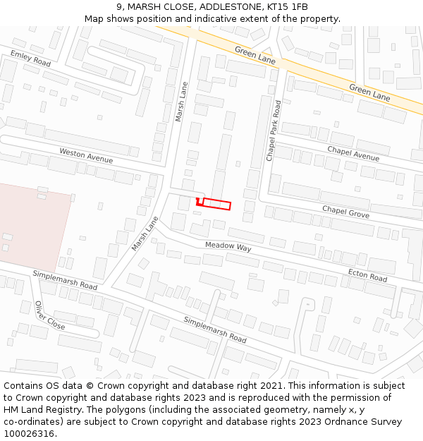 9, MARSH CLOSE, ADDLESTONE, KT15 1FB: Location map and indicative extent of plot
