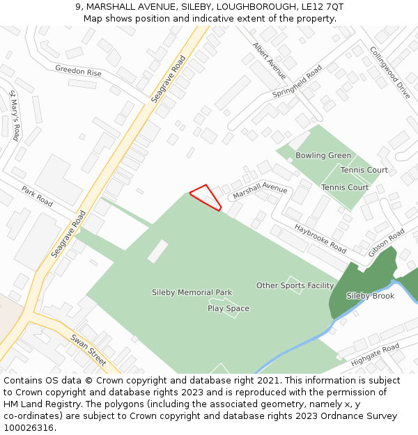 9, MARSHALL AVENUE, SILEBY, LOUGHBOROUGH, LE12 7QT: Location map and indicative extent of plot