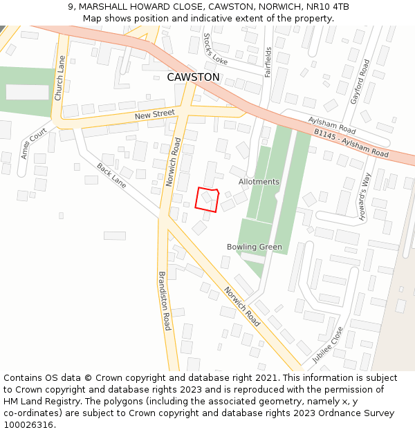 9, MARSHALL HOWARD CLOSE, CAWSTON, NORWICH, NR10 4TB: Location map and indicative extent of plot