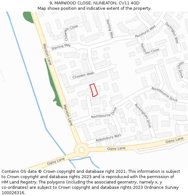 9, MARWOOD CLOSE, NUNEATON, CV11 4GD: Location map and indicative extent of plot