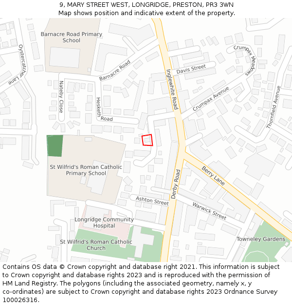 9, MARY STREET WEST, LONGRIDGE, PRESTON, PR3 3WN: Location map and indicative extent of plot