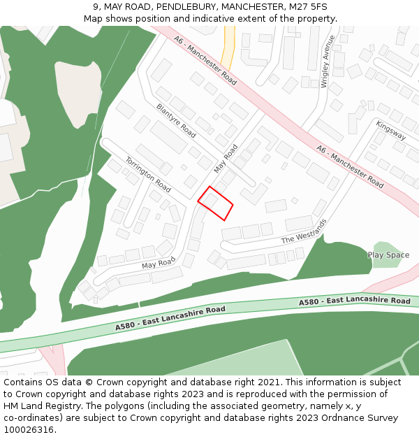 9, MAY ROAD, PENDLEBURY, MANCHESTER, M27 5FS: Location map and indicative extent of plot