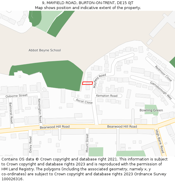 9, MAYFIELD ROAD, BURTON-ON-TRENT, DE15 0JT: Location map and indicative extent of plot