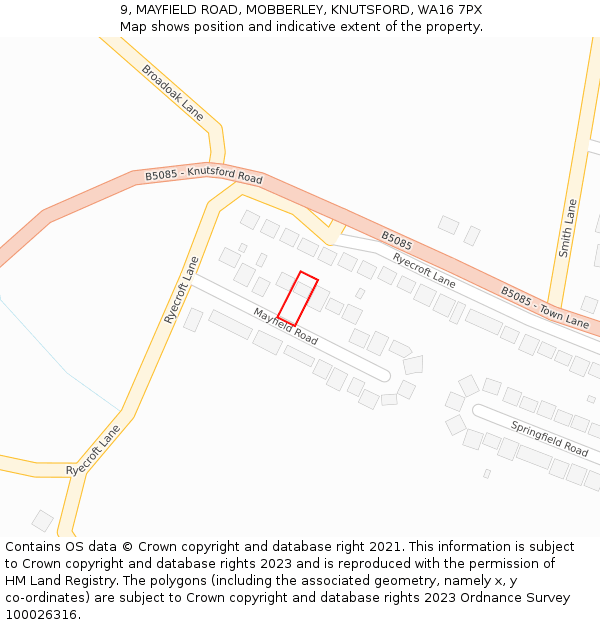 9, MAYFIELD ROAD, MOBBERLEY, KNUTSFORD, WA16 7PX: Location map and indicative extent of plot