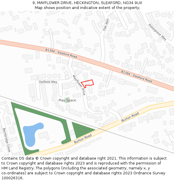 9, MAYFLOWER DRIVE, HECKINGTON, SLEAFORD, NG34 9UX: Location map and indicative extent of plot