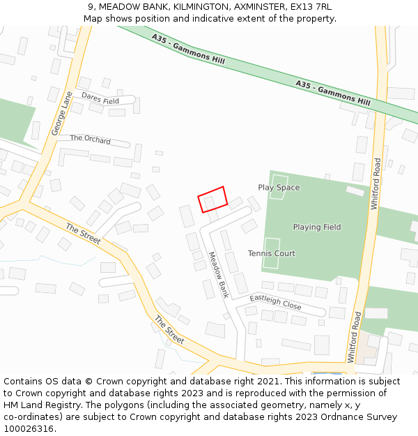 9, MEADOW BANK, KILMINGTON, AXMINSTER, EX13 7RL: Location map and indicative extent of plot