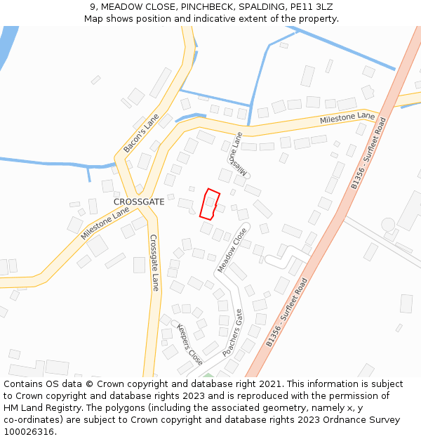 9, MEADOW CLOSE, PINCHBECK, SPALDING, PE11 3LZ: Location map and indicative extent of plot