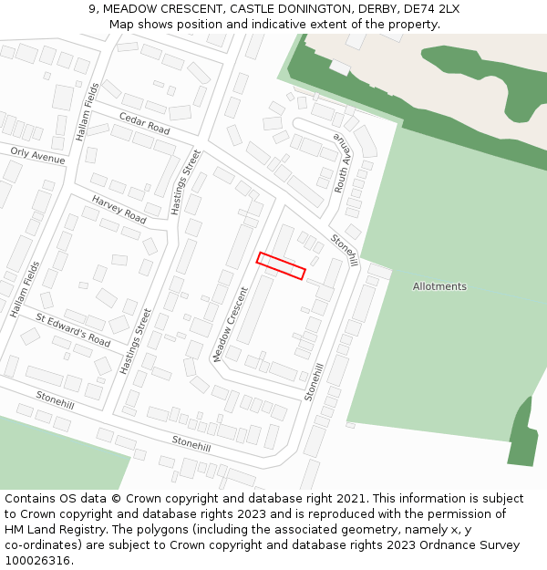 9, MEADOW CRESCENT, CASTLE DONINGTON, DERBY, DE74 2LX: Location map and indicative extent of plot