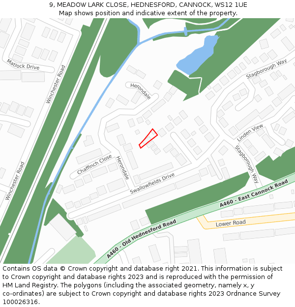 9, MEADOW LARK CLOSE, HEDNESFORD, CANNOCK, WS12 1UE: Location map and indicative extent of plot