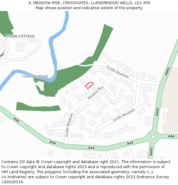 9, MEADOW RISE, CROSSGATES, LLANDRINDOD WELLS, LD1 6TA: Location map and indicative extent of plot