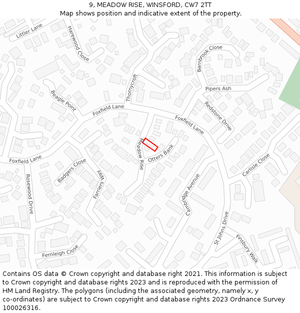 9, MEADOW RISE, WINSFORD, CW7 2TT: Location map and indicative extent of plot