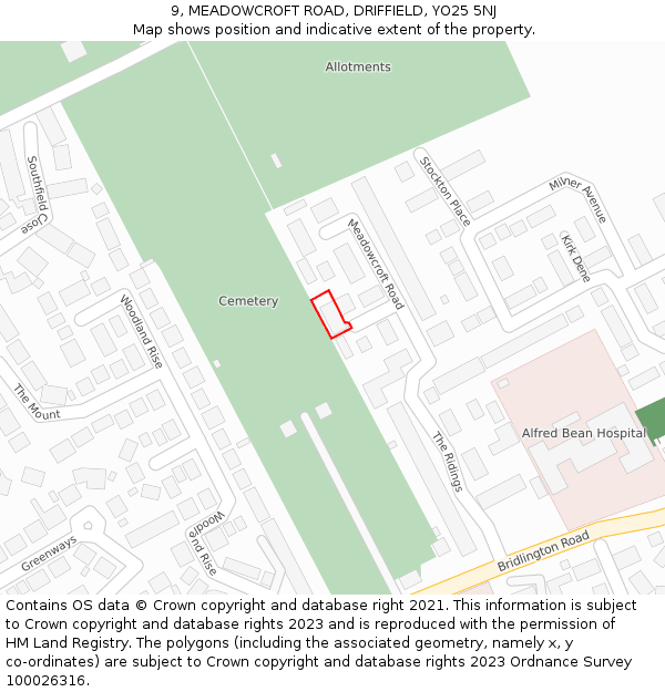 9, MEADOWCROFT ROAD, DRIFFIELD, YO25 5NJ: Location map and indicative extent of plot