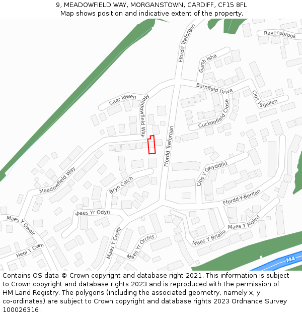 9, MEADOWFIELD WAY, MORGANSTOWN, CARDIFF, CF15 8FL: Location map and indicative extent of plot