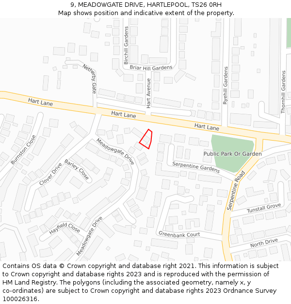 9, MEADOWGATE DRIVE, HARTLEPOOL, TS26 0RH: Location map and indicative extent of plot