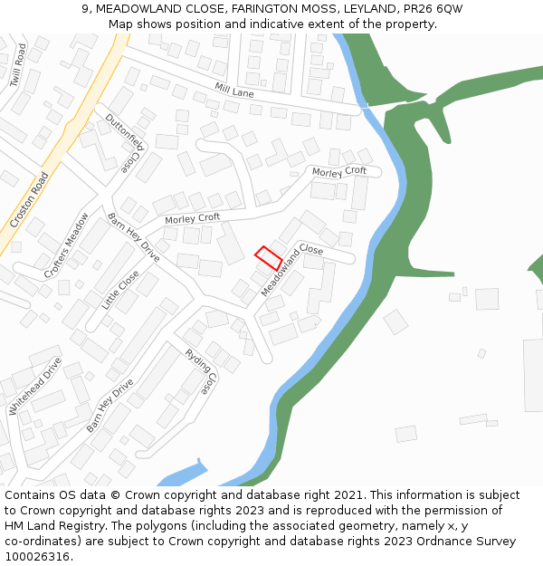 9, MEADOWLAND CLOSE, FARINGTON MOSS, LEYLAND, PR26 6QW: Location map and indicative extent of plot