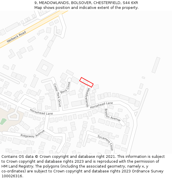 9, MEADOWLANDS, BOLSOVER, CHESTERFIELD, S44 6XR: Location map and indicative extent of plot