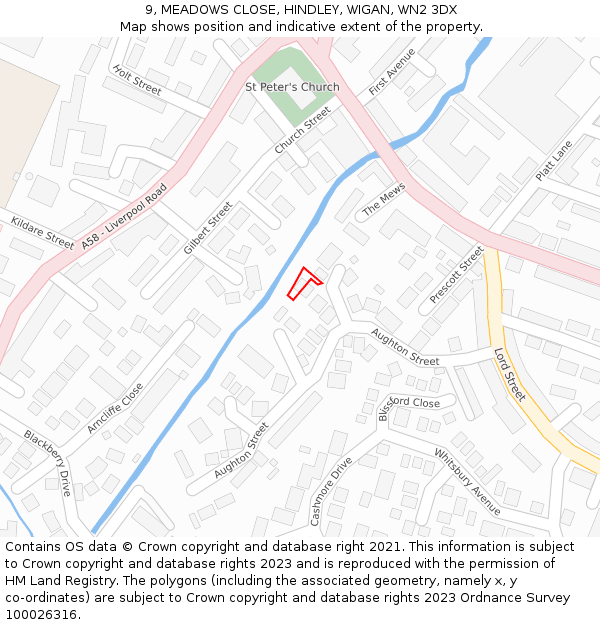 9, MEADOWS CLOSE, HINDLEY, WIGAN, WN2 3DX: Location map and indicative extent of plot