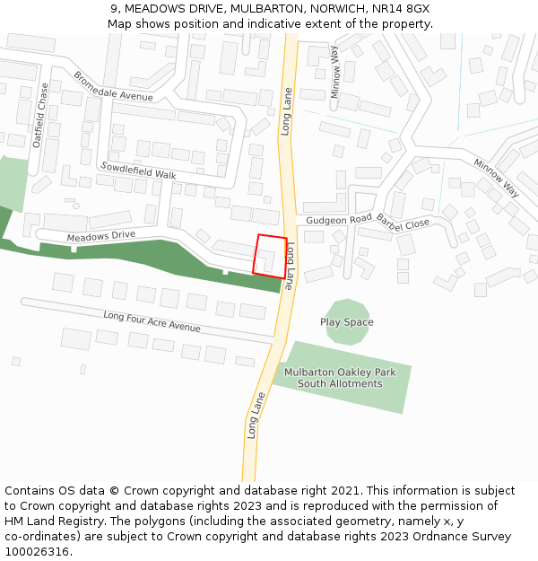 9, MEADOWS DRIVE, MULBARTON, NORWICH, NR14 8GX: Location map and indicative extent of plot