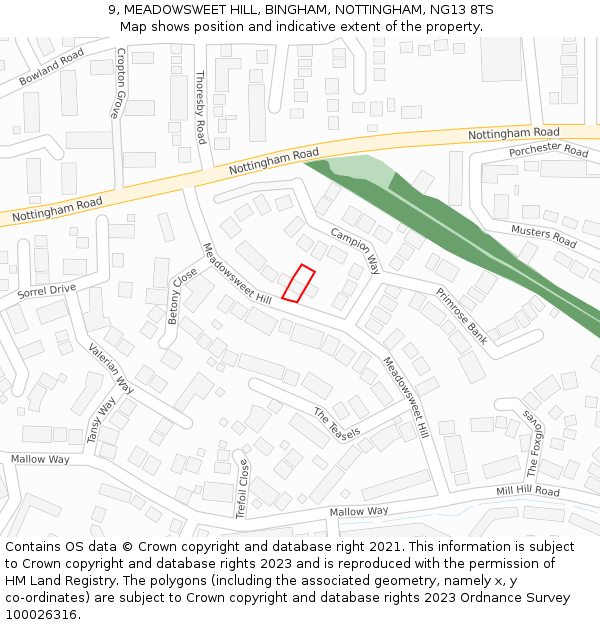 9, MEADOWSWEET HILL, BINGHAM, NOTTINGHAM, NG13 8TS: Location map and indicative extent of plot