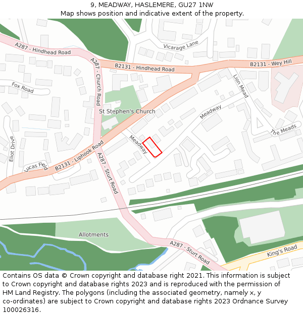 9, MEADWAY, HASLEMERE, GU27 1NW: Location map and indicative extent of plot