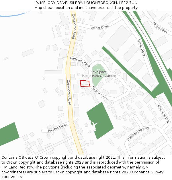 9, MELODY DRIVE, SILEBY, LOUGHBOROUGH, LE12 7UU: Location map and indicative extent of plot