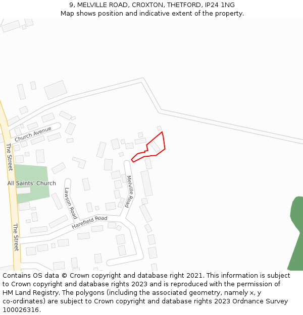 9, MELVILLE ROAD, CROXTON, THETFORD, IP24 1NG: Location map and indicative extent of plot