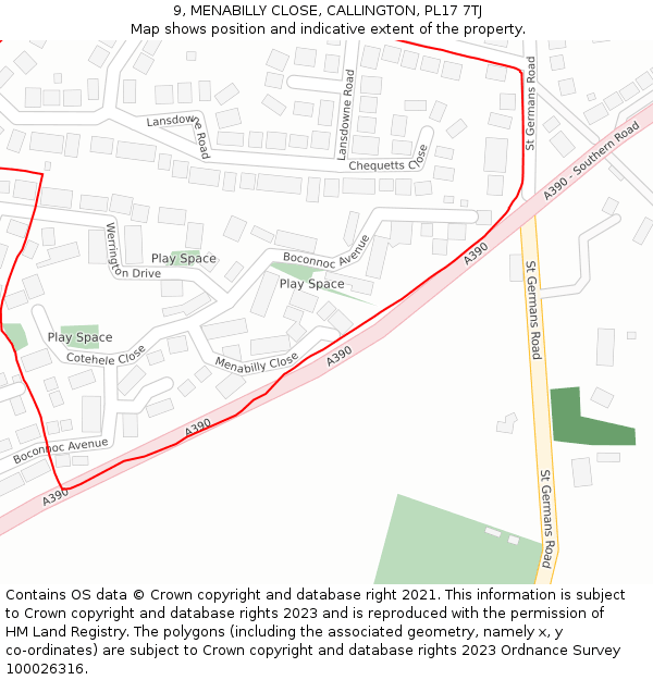 9, MENABILLY CLOSE, CALLINGTON, PL17 7TJ: Location map and indicative extent of plot