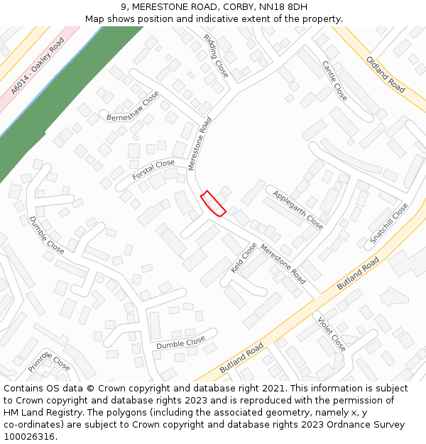 9, MERESTONE ROAD, CORBY, NN18 8DH: Location map and indicative extent of plot
