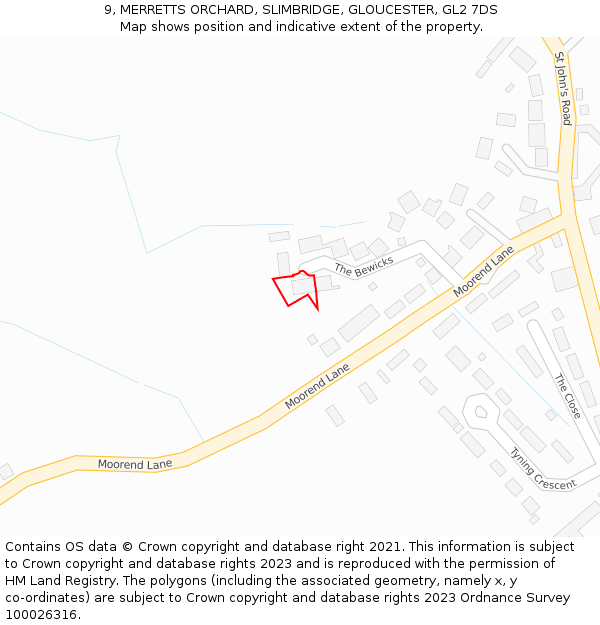 9, MERRETTS ORCHARD, SLIMBRIDGE, GLOUCESTER, GL2 7DS: Location map and indicative extent of plot