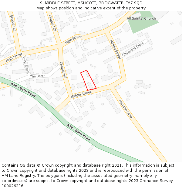 9, MIDDLE STREET, ASHCOTT, BRIDGWATER, TA7 9QD: Location map and indicative extent of plot