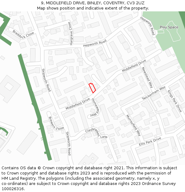 9, MIDDLEFIELD DRIVE, BINLEY, COVENTRY, CV3 2UZ: Location map and indicative extent of plot