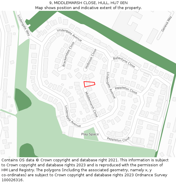 9, MIDDLEMARSH CLOSE, HULL, HU7 0EN: Location map and indicative extent of plot