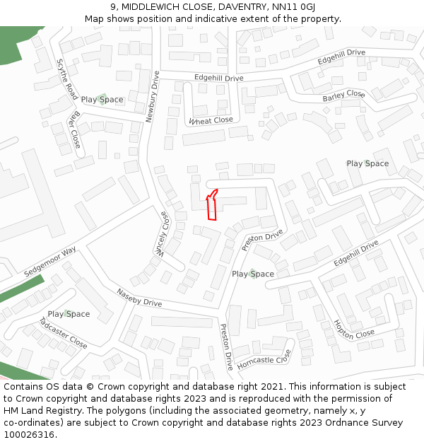 9, MIDDLEWICH CLOSE, DAVENTRY, NN11 0GJ: Location map and indicative extent of plot