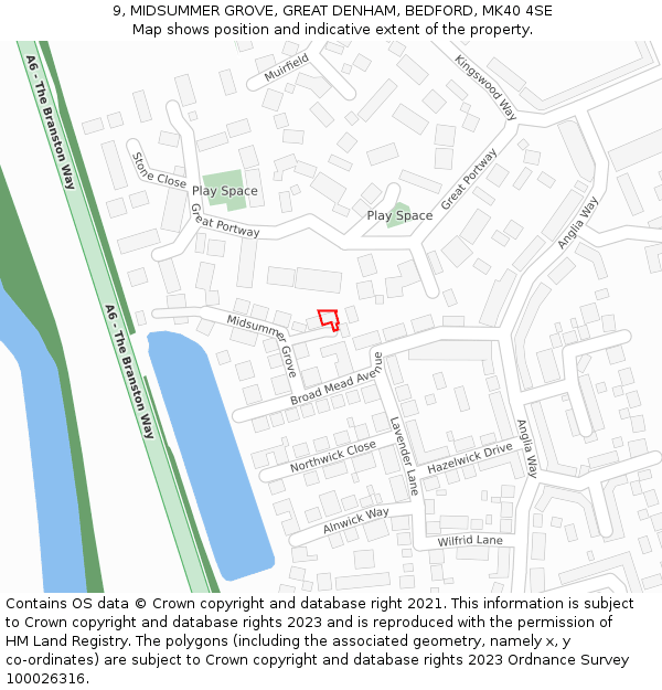 9, MIDSUMMER GROVE, GREAT DENHAM, BEDFORD, MK40 4SE: Location map and indicative extent of plot