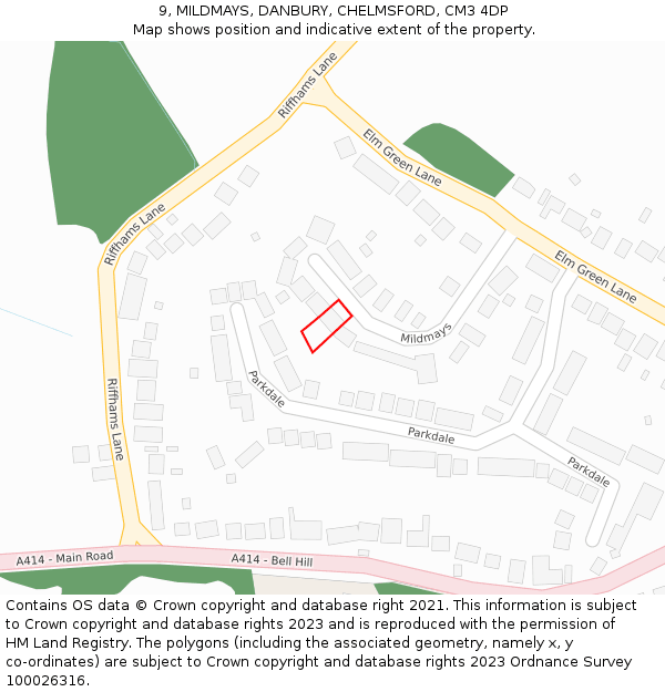 9, MILDMAYS, DANBURY, CHELMSFORD, CM3 4DP: Location map and indicative extent of plot