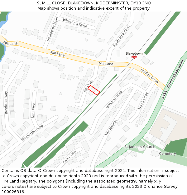 9, MILL CLOSE, BLAKEDOWN, KIDDERMINSTER, DY10 3NQ: Location map and indicative extent of plot