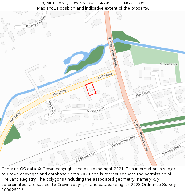 9, MILL LANE, EDWINSTOWE, MANSFIELD, NG21 9QY: Location map and indicative extent of plot