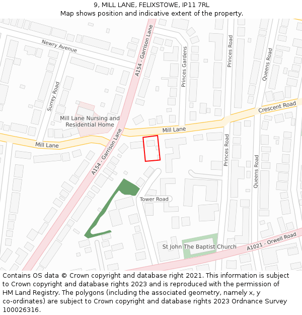 9, MILL LANE, FELIXSTOWE, IP11 7RL: Location map and indicative extent of plot