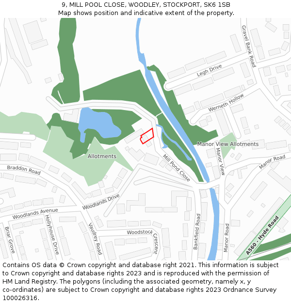 9, MILL POOL CLOSE, WOODLEY, STOCKPORT, SK6 1SB: Location map and indicative extent of plot
