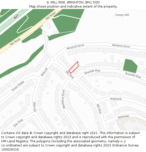 9, MILL RISE, BRIGHTON, BN1 5GD: Location map and indicative extent of plot