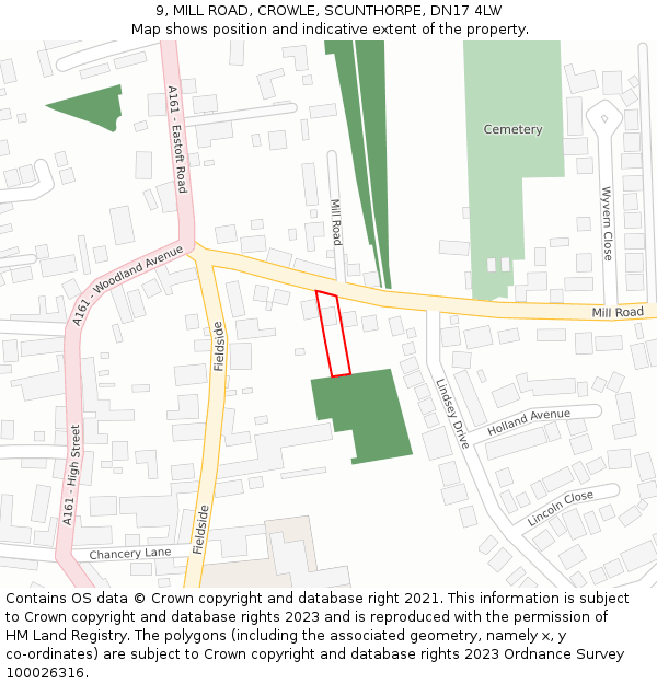 9, MILL ROAD, CROWLE, SCUNTHORPE, DN17 4LW: Location map and indicative extent of plot