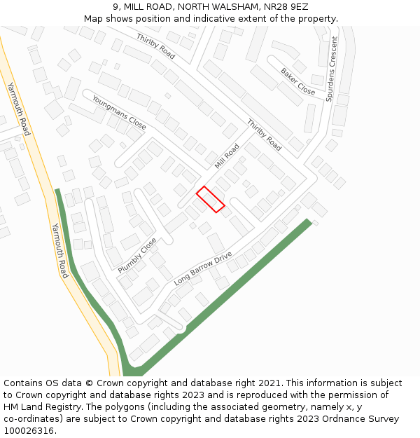 9, MILL ROAD, NORTH WALSHAM, NR28 9EZ: Location map and indicative extent of plot