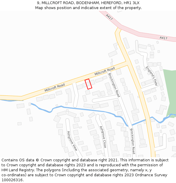 9, MILLCROFT ROAD, BODENHAM, HEREFORD, HR1 3LX: Location map and indicative extent of plot