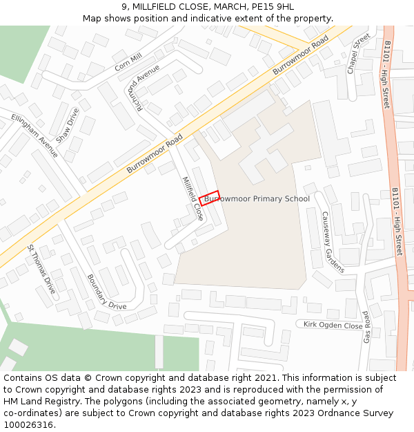 9, MILLFIELD CLOSE, MARCH, PE15 9HL: Location map and indicative extent of plot