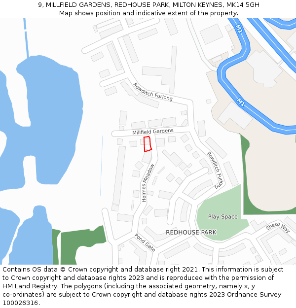 9, MILLFIELD GARDENS, REDHOUSE PARK, MILTON KEYNES, MK14 5GH: Location map and indicative extent of plot