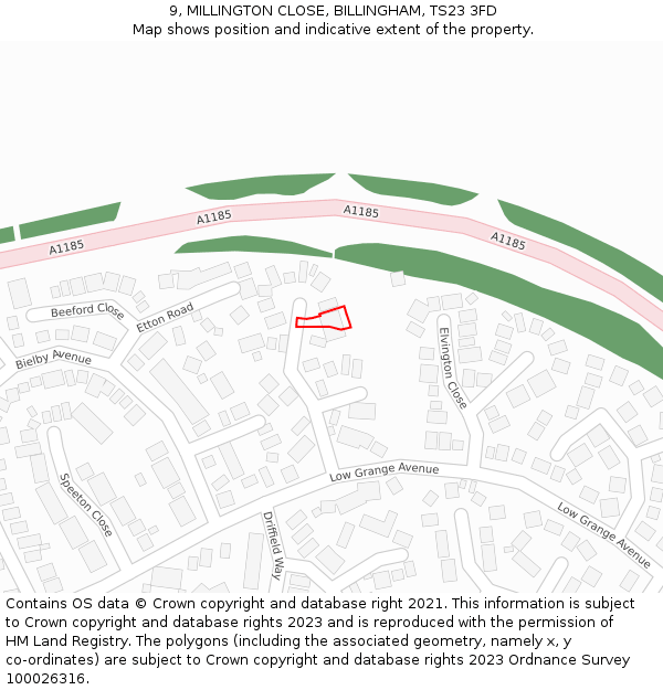 9, MILLINGTON CLOSE, BILLINGHAM, TS23 3FD: Location map and indicative extent of plot