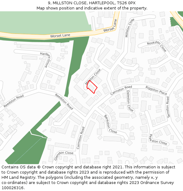 9, MILLSTON CLOSE, HARTLEPOOL, TS26 0PX: Location map and indicative extent of plot