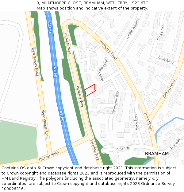 9, MILNTHORPE CLOSE, BRAMHAM, WETHERBY, LS23 6TG: Location map and indicative extent of plot