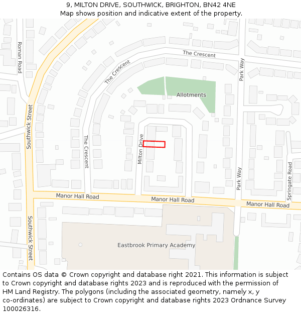 9, MILTON DRIVE, SOUTHWICK, BRIGHTON, BN42 4NE: Location map and indicative extent of plot