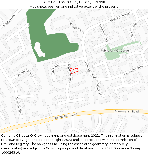 9, MILVERTON GREEN, LUTON, LU3 3XP: Location map and indicative extent of plot